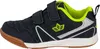A side view of a blue children's shoe with neon green accents. Voir les images du produit
