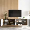 A modern TV stand with a television on top, set against a slatted wooden wall. Produktbild-Vorschau