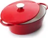 A red oval cast iron pot with a lid slightly ajar, shown on a white background. Náhled obrázku produktu