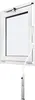 A white window frame with a white window pane and a silver-colored linkage mechanism attached to the top and side. Produktbild-Vorschau