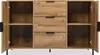 An open view of a wooden sideboard with three drawers and two doors, showing its interior shelves and black metal legs. Anteprima dell’immagine prodotto