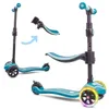A collage of images showing a turquoise three-wheeled scooter with LED lights on the wheels, and an attachment for a seat. Anteprima dell’immagine prodotto