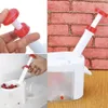 A collage of images showing a cherry pitter being used and its components. Produktbild-Vorschau
