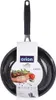 A black frying pan with a speckled finish and a black handle is shown against a white background. A label is attached to the pan, featuring a picture of a steak and some text. Náhled obrázku produktu
