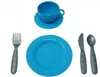 A set of toy dishes, including a plate, cup and saucer, fork, knife, and spoon, arranged on a white background. Náhľad obrázku produktu