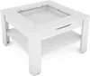 A white square coffee table with a glass insert in the top and a shelf underneath. Produktbild-Vorschau