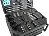 A black plastic toolbox containing a set of drill bits and hole saws. Náhled obrázku produktu