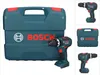 A collage of images showing a Bosch cordless hammer drill and its case. Voir les images du produit