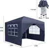 A dark gray pop-up gazebo with windows, shown with dimensions and a folded version. Produktbild-Vorschau
