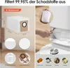 Collage showing vacuum cleaner dust bags and their features, along with a hand inserting a dust bag into a robot vacuum cleaner. Produktbild-Vorschau