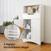 A white bathroom cabinet with its doors open, showcasing its interior shelves and some decorative items. A close-up inset highlights the adjustable shelf feature. Náhled obrázku produktu
