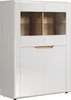 A white high-gloss cabinet with wooden accents. Produktbild-Vorschau