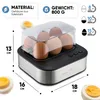 A product collage showing an egg cooker with dimensions and cooking time information. Náhled obrázku produktu