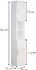 A tall, narrow white cabinet with two doors and open shelves in the middle, with dimensions indicated by measurement lines and text. Voir les images du produit