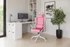 A pink and white gaming chair is placed next to a white desk in a well-lit room. Produktbild-Vorschau