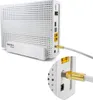 A close-up view of the back ports of a white Fritz!Box Cable modem/router, with a coaxial cable connected to one of the ports. A magnified inset shows the connection detail. Produktbild-Vorschau