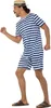 A man wearing a retro-style blue and white striped swimsuit and a straw hat, posing as if running. Anteprima dell’immagine prodotto