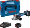 A Bosch angle grinder set with its case, charger, and batteries, displayed on a white background. Voir les images du produit