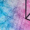 A close-up of a rug with abstract scribbled patterns in blue, purple, and pink, with a black geometric frame in the upper right corner. Náhled obrázku produktu