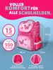 A pink butterfly-themed school backpack with various features highlighted by text and diagrams. Produktbild-Vorschau