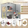 A metal storage shed with various tools and equipment displayed inside and around it, along with illustrative icons at the bottom. Anteprima dell’immagine prodotto