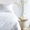 A close-up view of white satin bedding with a pillow and a duvet cover, next to a side table with a vase and a small cup. Produktbild-Vorschau