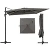 A gray cantilever umbrella is shown in three different views: open and angled, folded, and from a top-down perspective. Náhled obrázku produktu