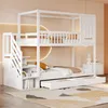 A white bunk bed with storage drawers and a ladder, set in a child's bedroom.