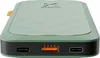 A sage green power bank with black trim and orange ports is shown from a front-facing angle. Voir les images du produit