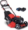 A lawnmower with two batteries and a charger, presented on a white background. Produktbild-Vorschau