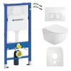 A collection of bathroom fixtures including a toilet cistern frame, a wall-hung toilet bowl, a flush plate, and mounting hardware, arranged on a white background. Produktbild-Vorschau