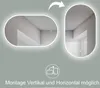 Two oval mirrors with LED lighting, one horizontal and one vertical, with an arrow indicating rotation. Below is an icon showing rotation and text about mounting options. Anteprima dell’immagine prodotto