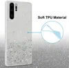 A glitter phone case for a Huawei P30 Pro is shown with a diagram illustrating its soft TPU material. Produktbild-Vorschau