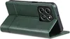 A green leather flip case for a smartphone is shown from a side angle, with the front cover folded back. Produktbild-Vorschau
