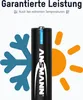 A battery is shown in the center, with graphics representing cold (snowflake) and heat (sun) on either side, indicating performance in extreme temperatures. Produktbild-Vorschau
