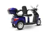 A blue three-wheeled mobility scooter with a black seat and a storage box on the back, isolated on a white background. Produktbild-Vorschau