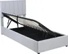 A grey upholstered bed frame with the storage mechanism lifted to reveal the storage space underneath. Produktbild-Vorschau