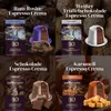 A collage of four different coffee capsule flavors, each with its packaging and a visual representation of the flavor. Voir les images du produit