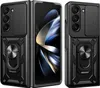 Three views of a black protective phone case for a foldable phone, with one view showing the phone inside. Produktbild-Vorschau