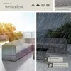 A split image showing a rattan lounge set on a sunny patio and the same lounge set in heavy rain, with text overlays highlighting its weather-resistant features. Náhled obrázku produktu