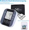 A blood pressure monitor with its cuff and USB cables, shown with text overlays. Produktbild-Vorschau