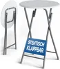 A white round folding high table shown from two angles against a white background. The table has a metal frame and a blue sign with white German text on the front. Produktbild-Vorschau