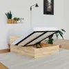 A bed with its mattress lifted, revealing storage space underneath, in a room with plants and wall art. Produktbild-Vorschau