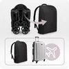 Collage showing a folded stroller being placed into a backpack, and then the backpack next to a suitcase with an airplane icon. Produktbild-Vorschau