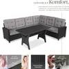 A rattan lounge set with a table, presented with marketing text and detail shots. Produktbild-Vorschau