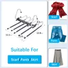 A collage showing a multi-tier hanger for pants, scarves, and skirts, along with examples of scarves, jeans, and a skirt. Produktbild-Vorschau