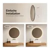 Collage showing a round LED mirror with different frame colors and installation options. Náhled obrázku produktu