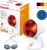 The image shows the packaging of a Beurer infrared lamp, along with the product itself and a pair of protective goggles. Produktbild-Vorschau