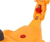 A close-up of the orange plastic construction of a ride-on toy, showing a red lever and some warning symbols. Náhľad obrázku produktu