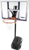 A portable basketball hoop with a black pole, a white and blue backboard, and an orange rim. Produktbild-Vorschau